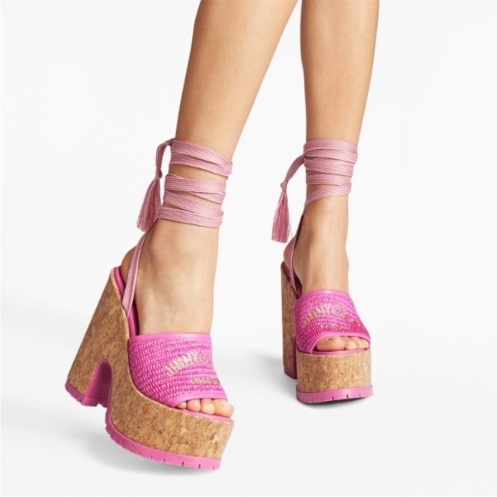 New Jimmy Choo Gal Raffia Cork Ankle-Tie Platform Sandals $750 38.5